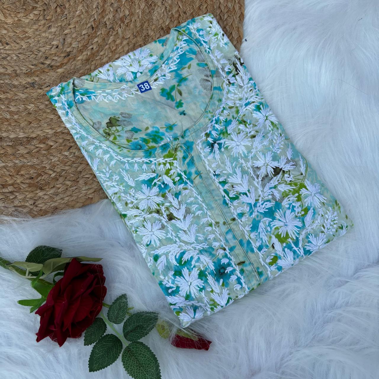 Fatima Pure Mulmul Chikankari Handwork Kurti - Sea Green Colour - Chikankaar