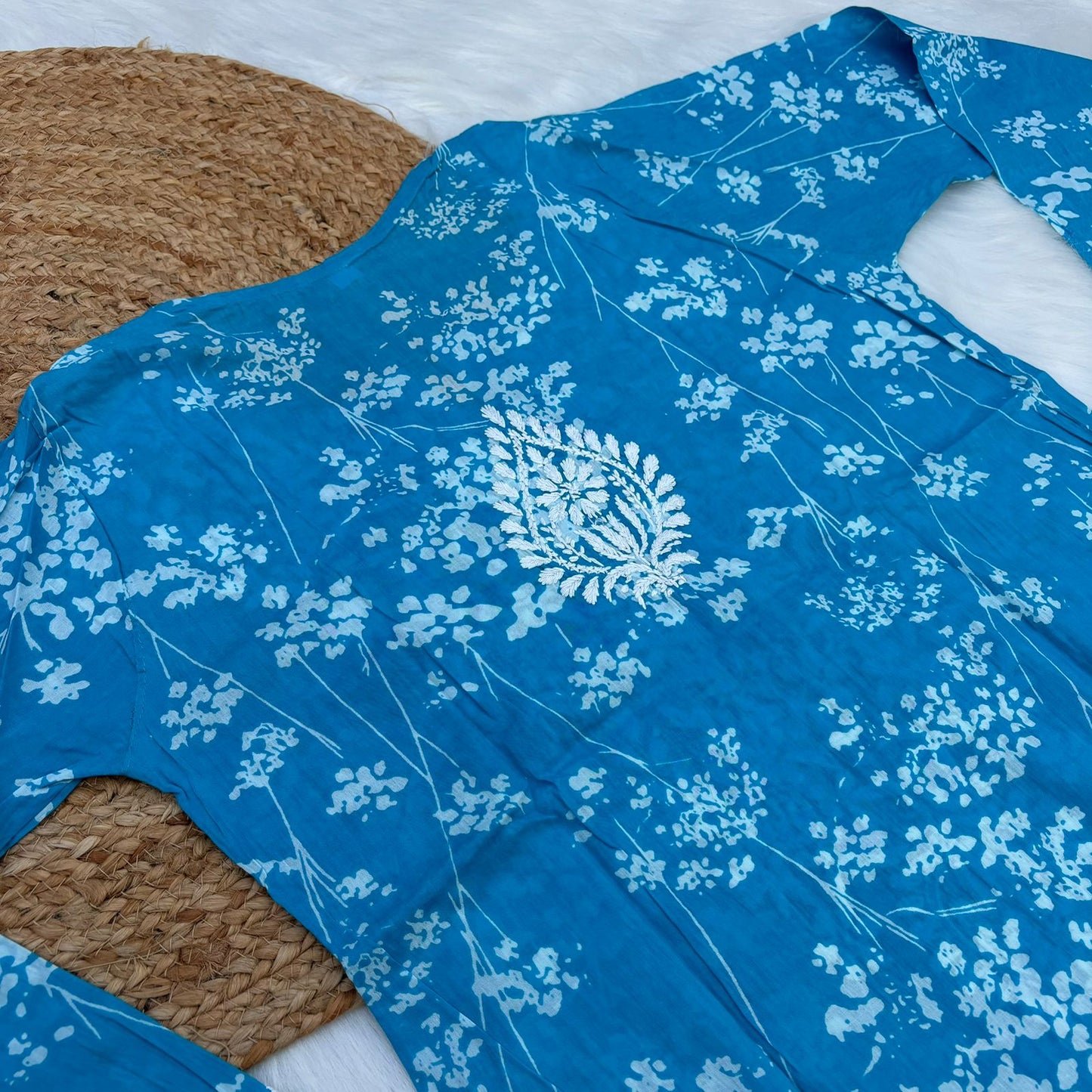 Mahira Sharma Inspired Pure Mulmul Printed Chikankari Handwork Kurti - Blue Colour - Chikankaar