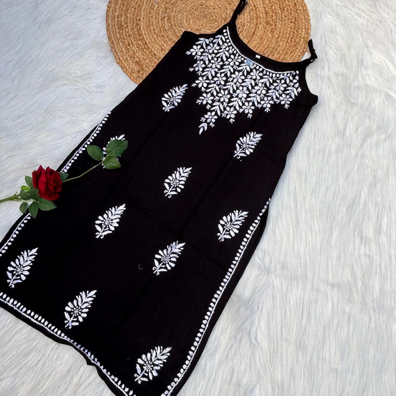 Safa Rayon Chikankari Noodle Strap Short Kurti -Black colour (Length - 38")