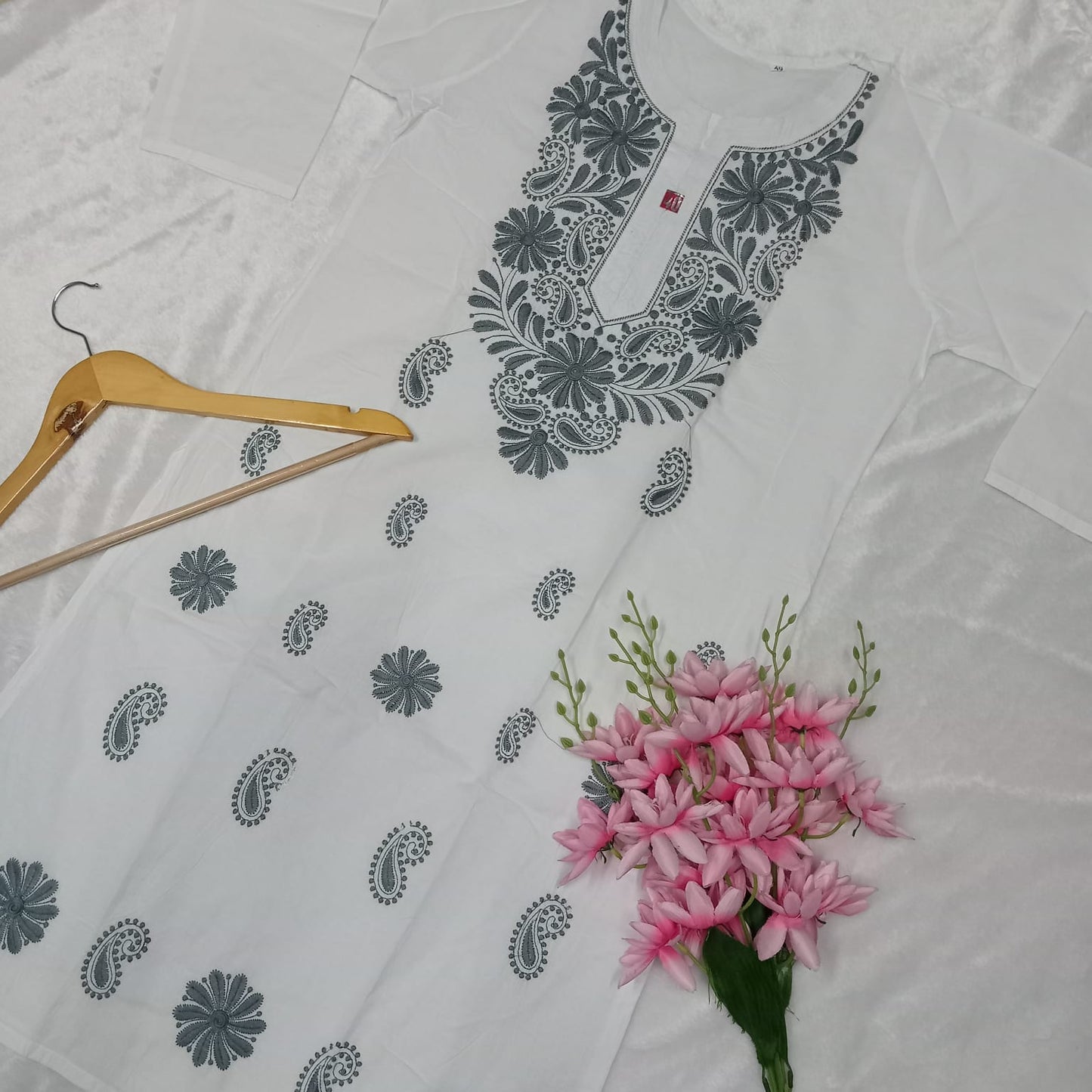 Pure Cotton Chikankari Machine Work Kurti - White Dark Grey Colour - Chikankaar