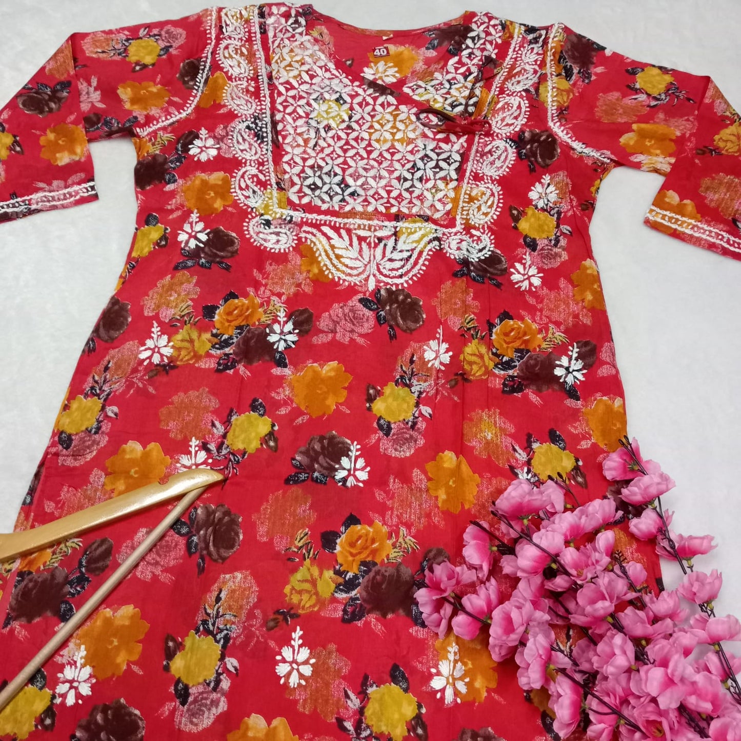 Masooma Mulmul Floral Printed Chikankari Handwork Kurti - Red Colour - Chikankaar
