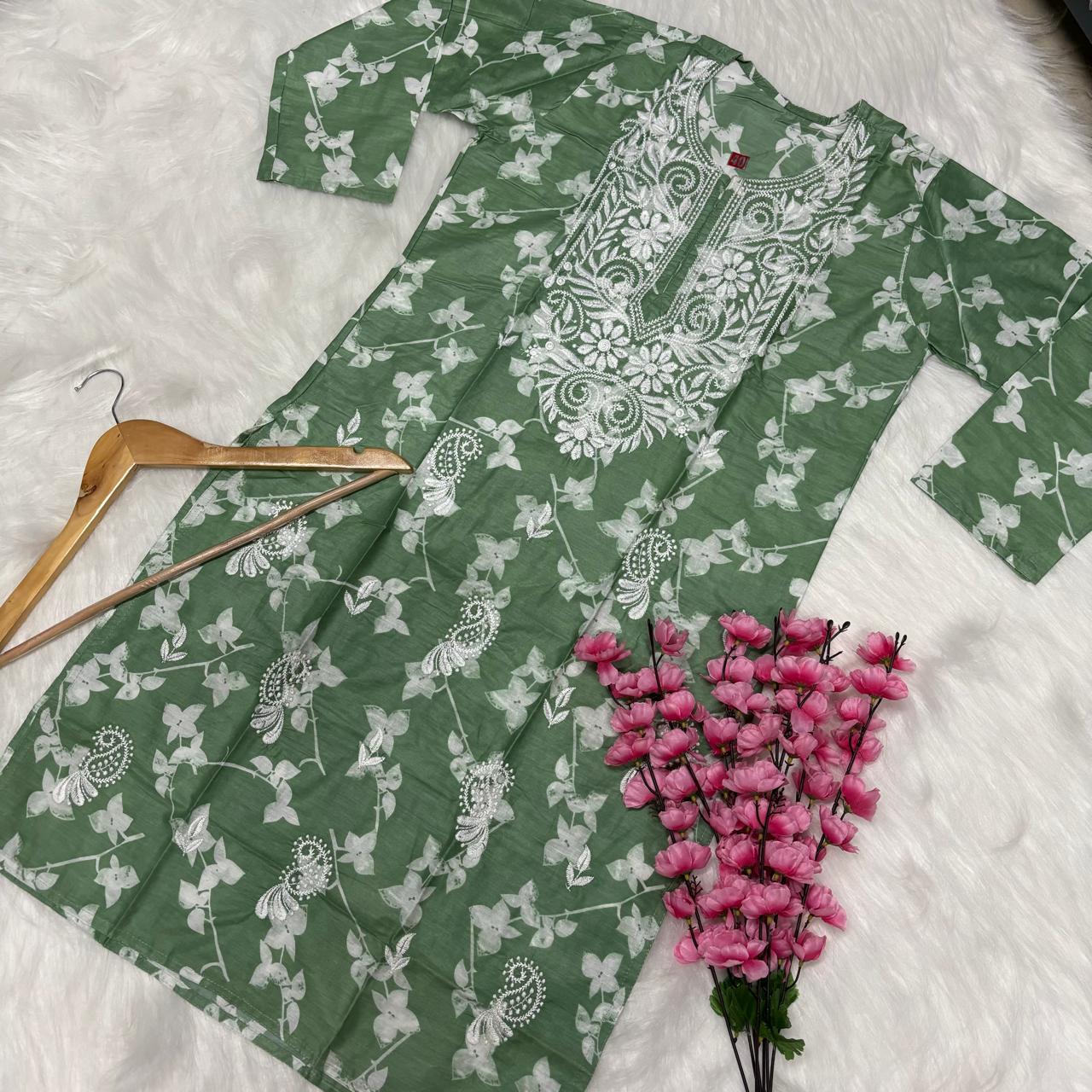 Mulmul Cotton Chikankari Machine Work Kurti - Dark Green Colour - Chikankaar