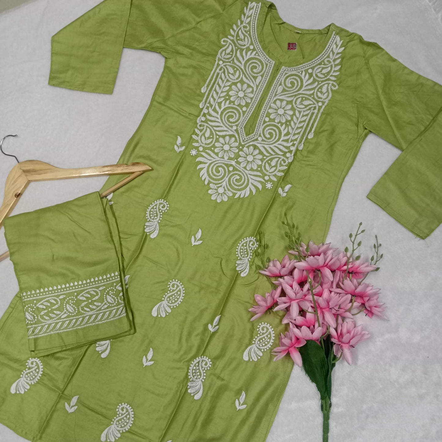 RAYON CHIKANKARI MACHINE WORK KURTI PLAZO SET- DARK GREEN COLOUR - Chikankaar