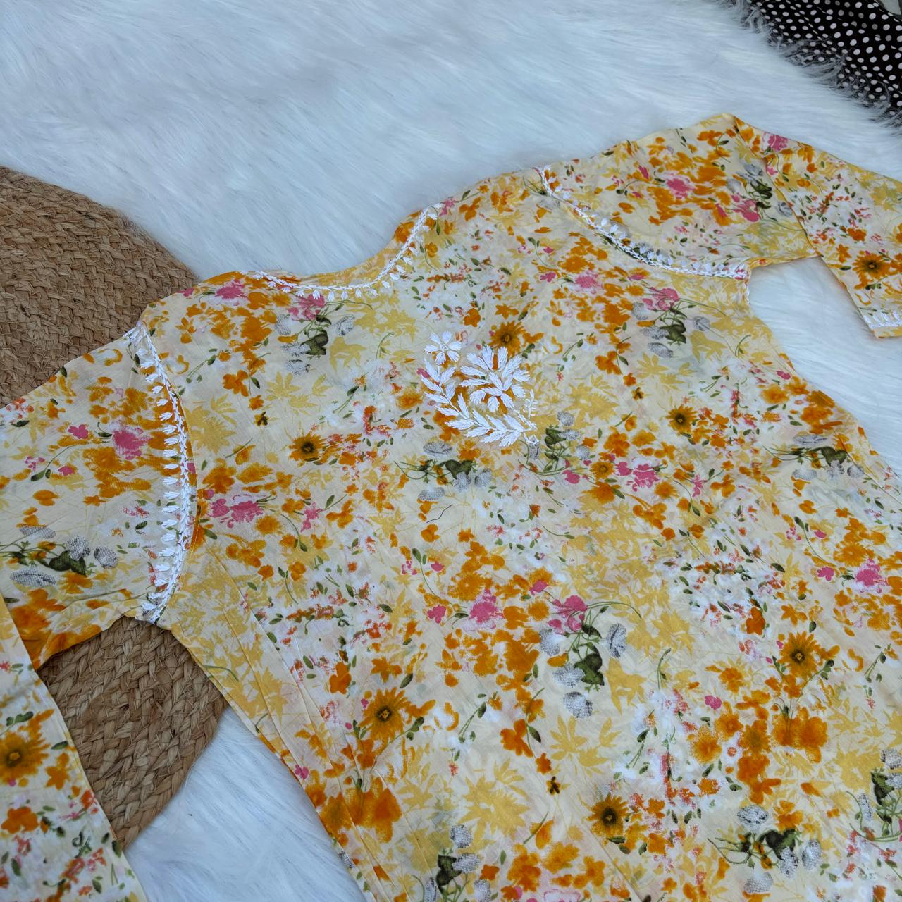 Fatima Pure Mulmul Chikankari Handwork Kurti - Yellow Colour - Chikankaar