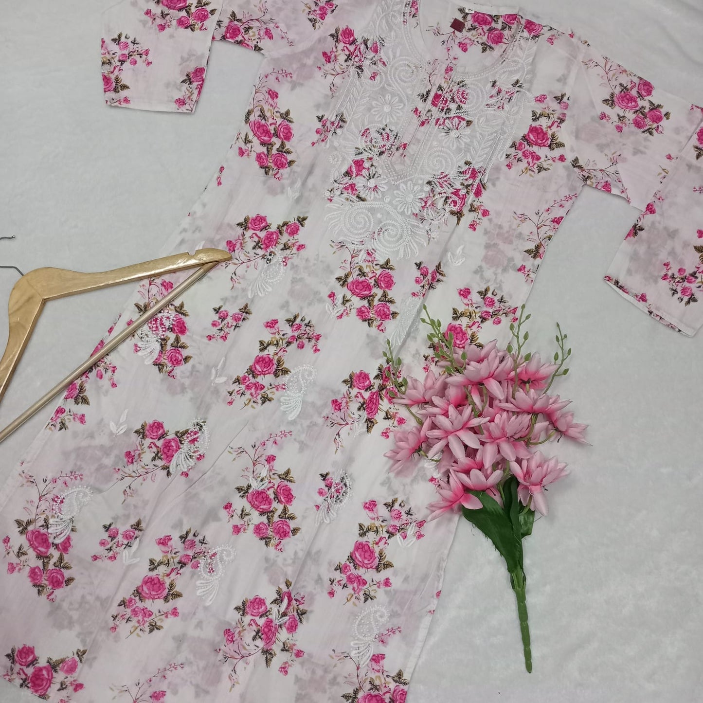 Mulmul Cotton Chikankari Machine Work Kurti - Pink Colour - Chikankaar
