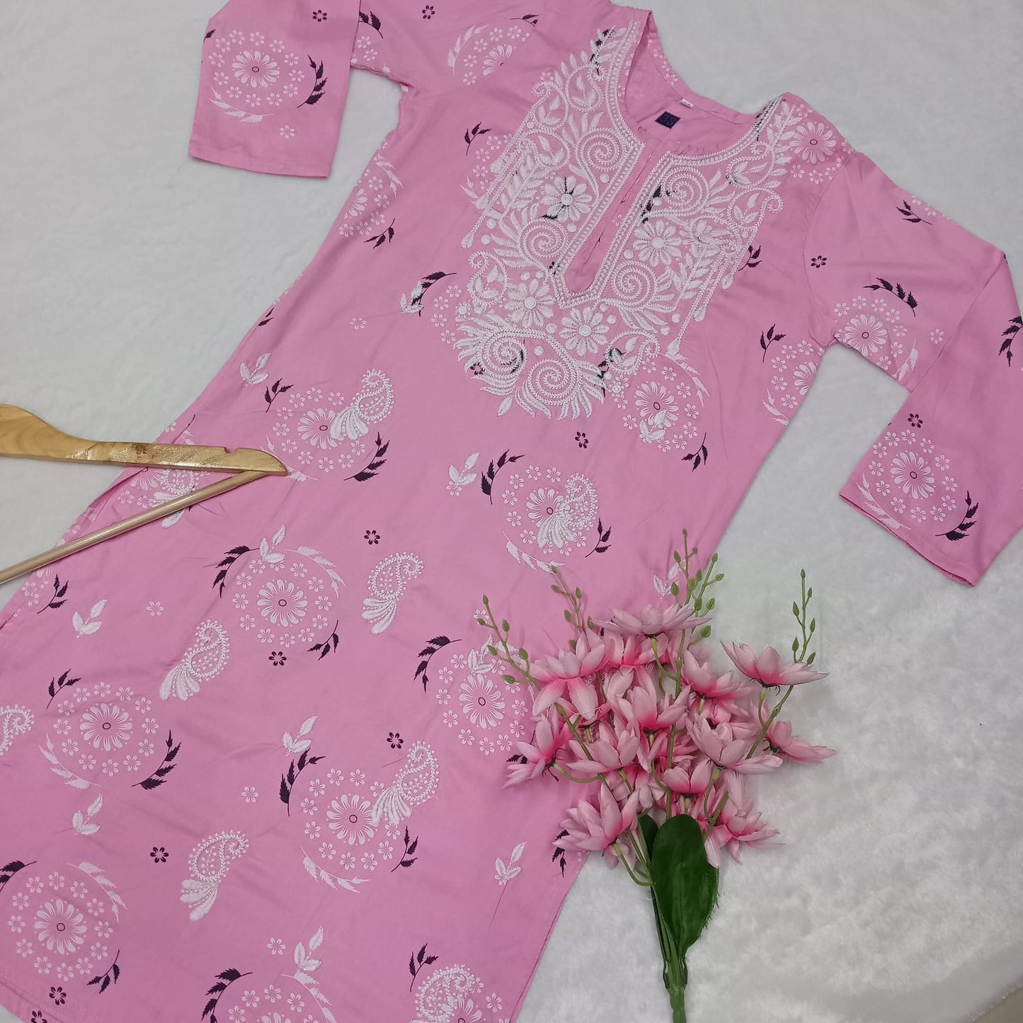Rayon Chikankari Machine Work Kurti -Pink Colour - Chikankaar