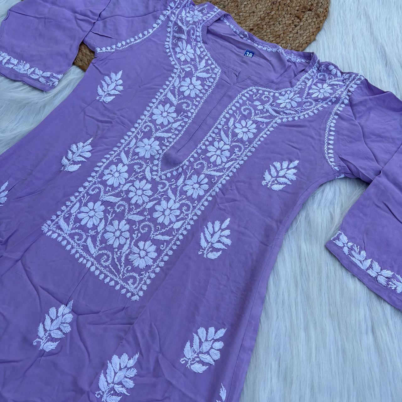 Soft Rayon Chikankari Kurti - Purple Colour