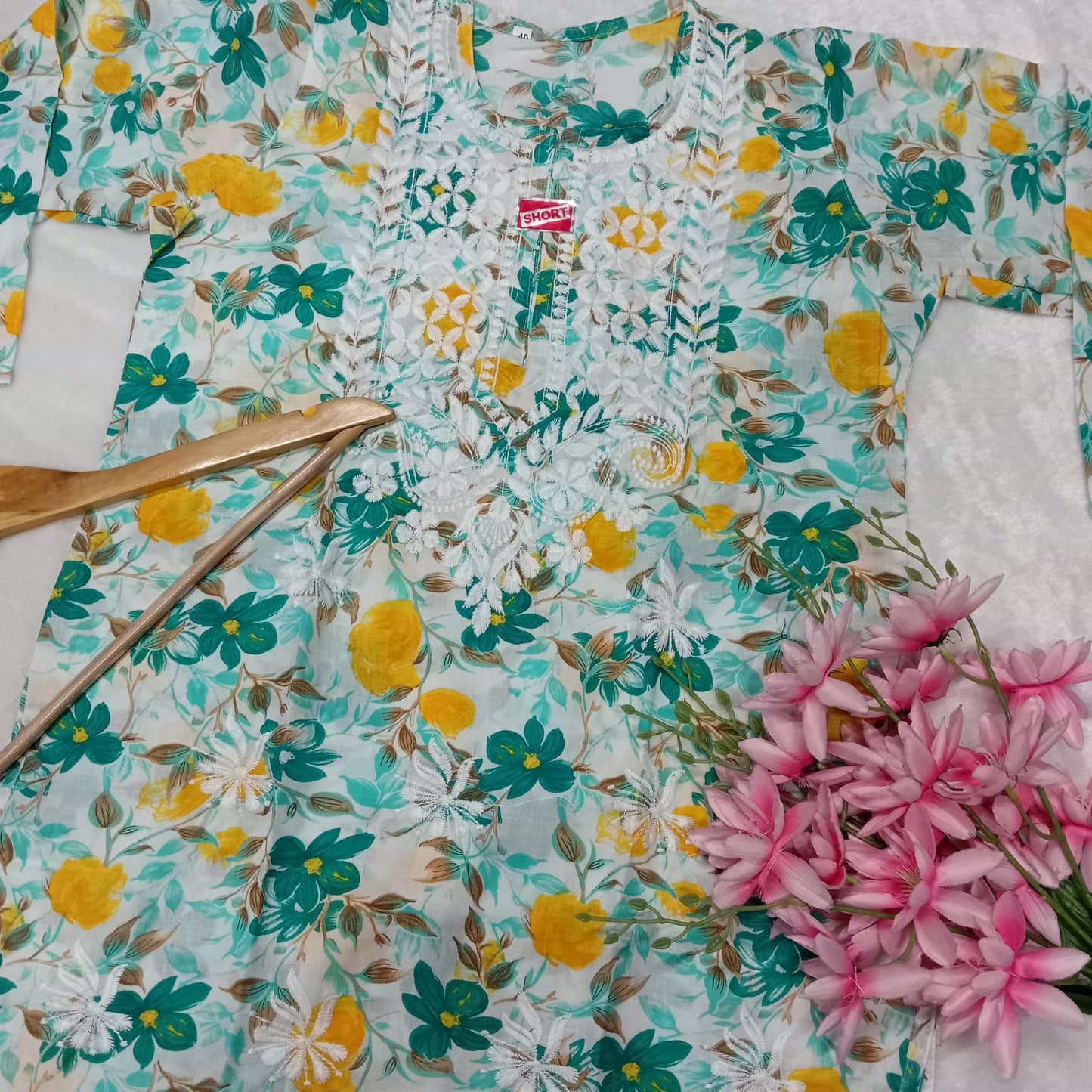 Mulmul Cotton Chikankari Short Kurti - Sea Green Colour