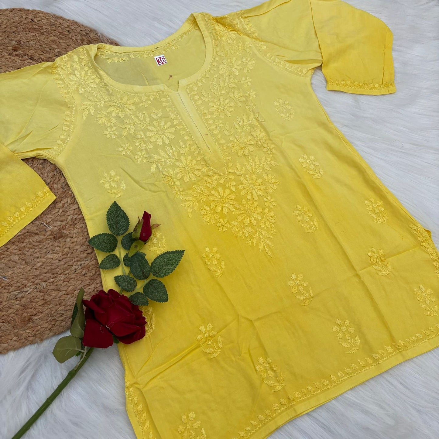 Sofia Ombre Shaded Soft Rayon Chikankari Short Kurti - Yellow Colour - Chikankaar