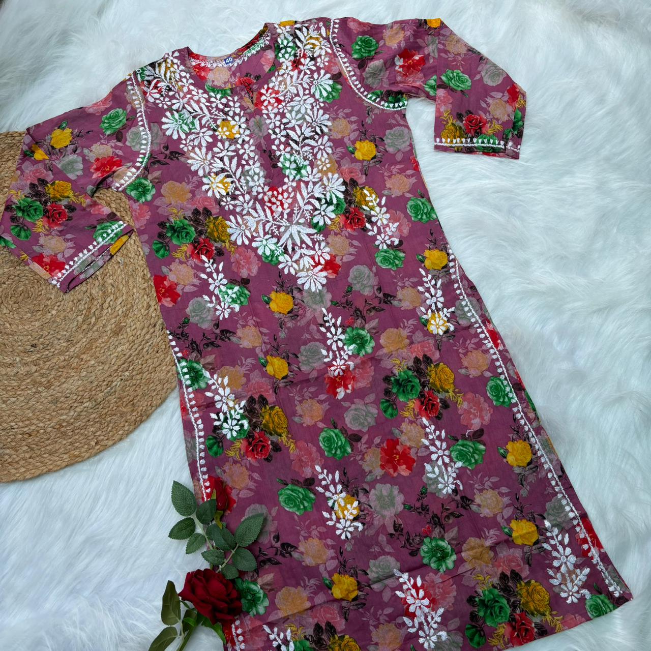 Dhanashree Inspired Mulmul Floral Printed Chikankari Handwork Kurti -Fuschia Colour - Chikankaar