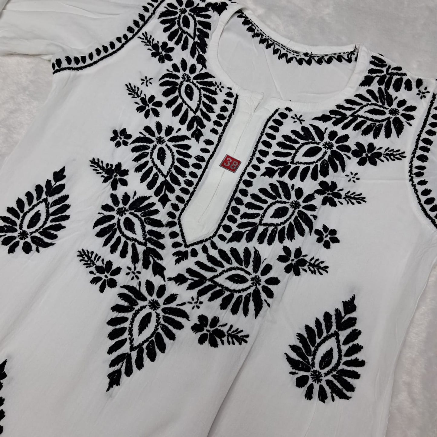 Ghazal Chikankari Rayon Straight Kurti - White Black Color - Chikankaar