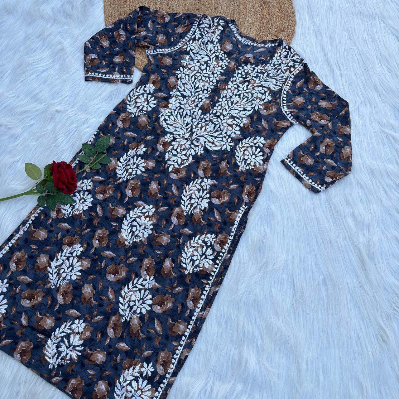 Sana Pure Mulmul Chikankari Handwork Kurti - Dark Blue Colour