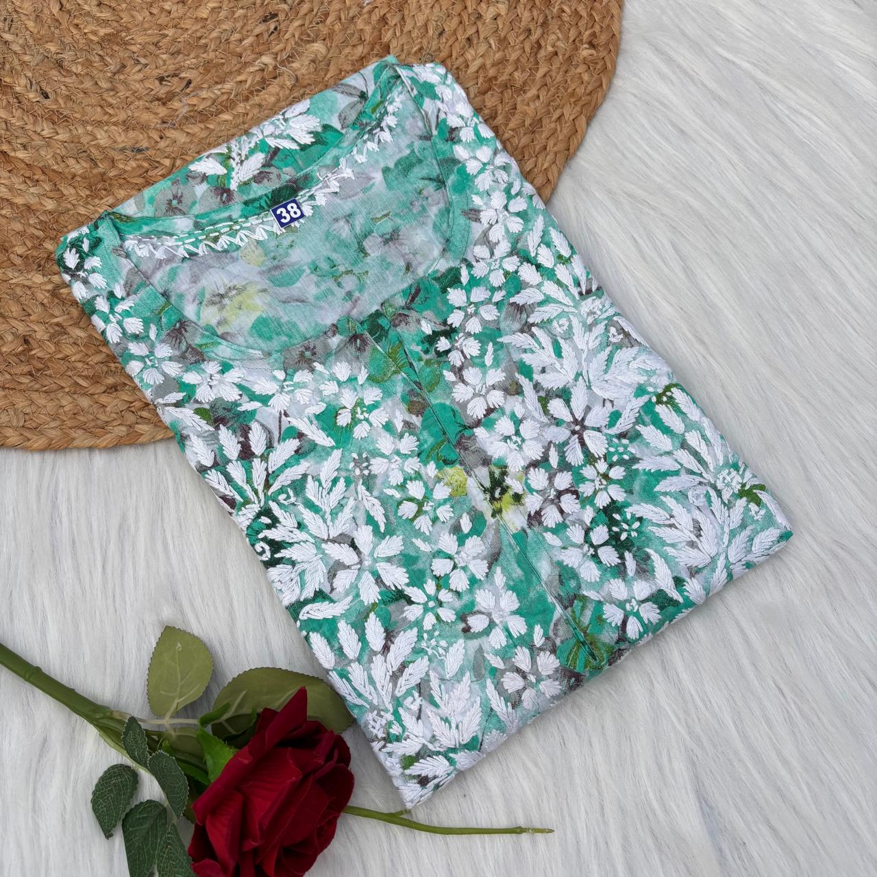 Yasmin Pure Mulmul Chikankari Handwork Kurti - Sea Green Colour