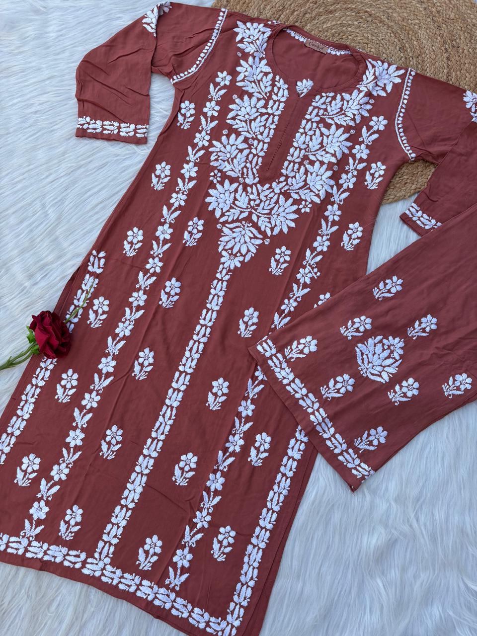 Samara Rayon Handwork Chikankari Kurti Plazo Set - Rush Colour