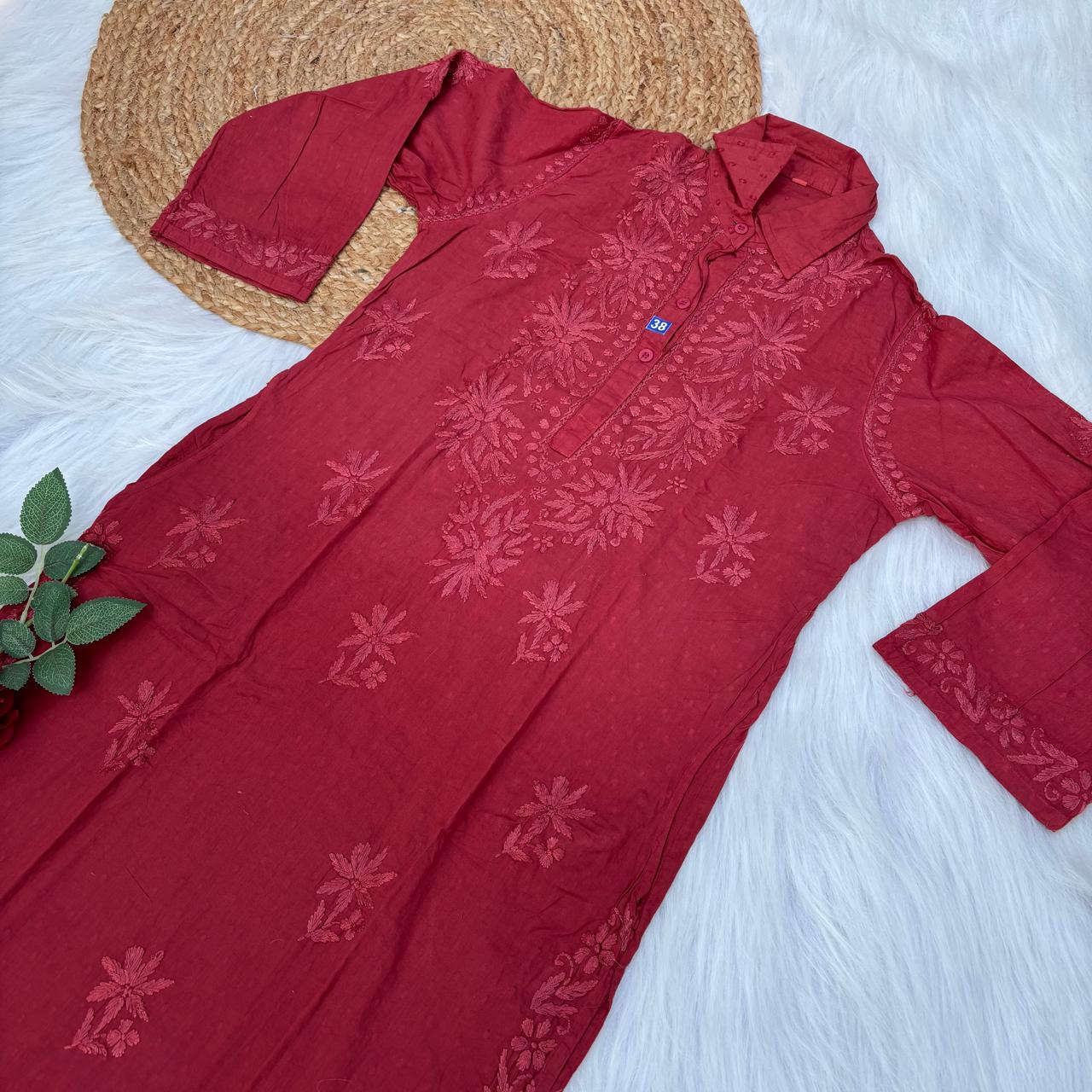 Sadia Dobby Cotton Ombre Shaded Chikankari Kurti with Collar - Red Colour