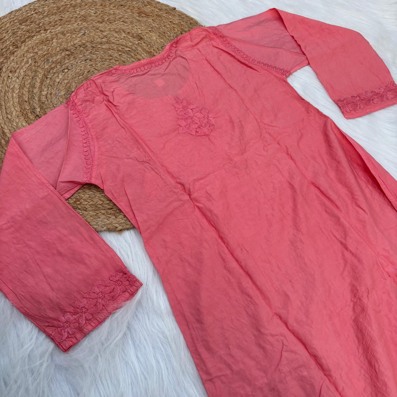 Zooni Chanderi Lucknowi Chikankari Dyed Kurti- Gazri colour