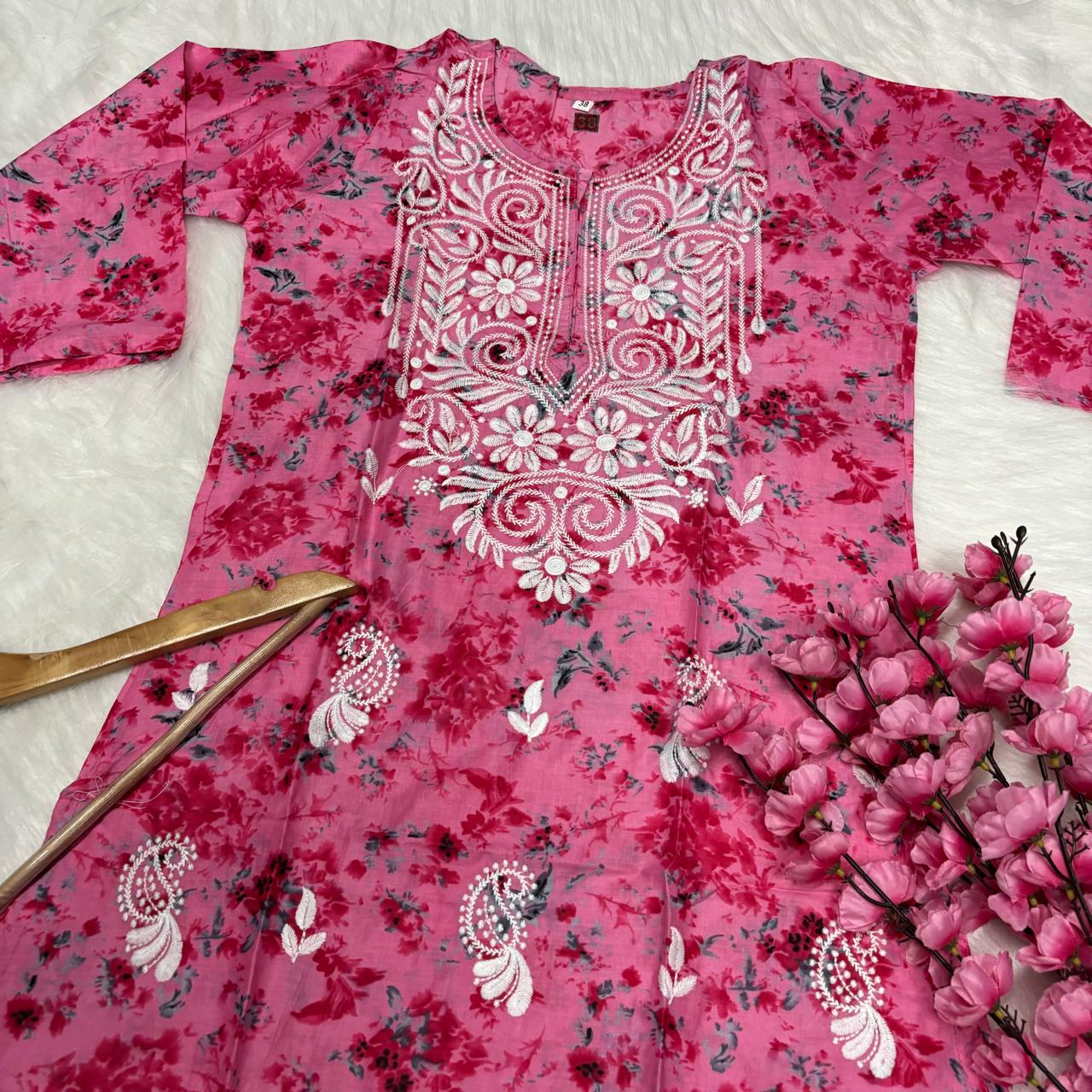 Mulmul Cotton Chikankari Machine Work Kurti - Pink Colour - Chikankaar
