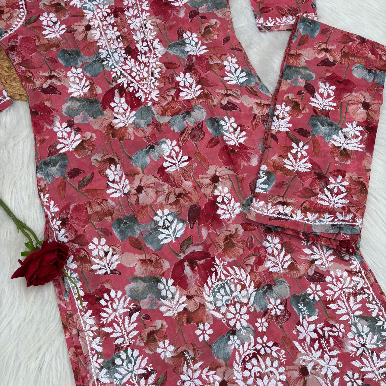 Jameela Mulmul Cotton Chikankari Kurti Set - Cherry Colour