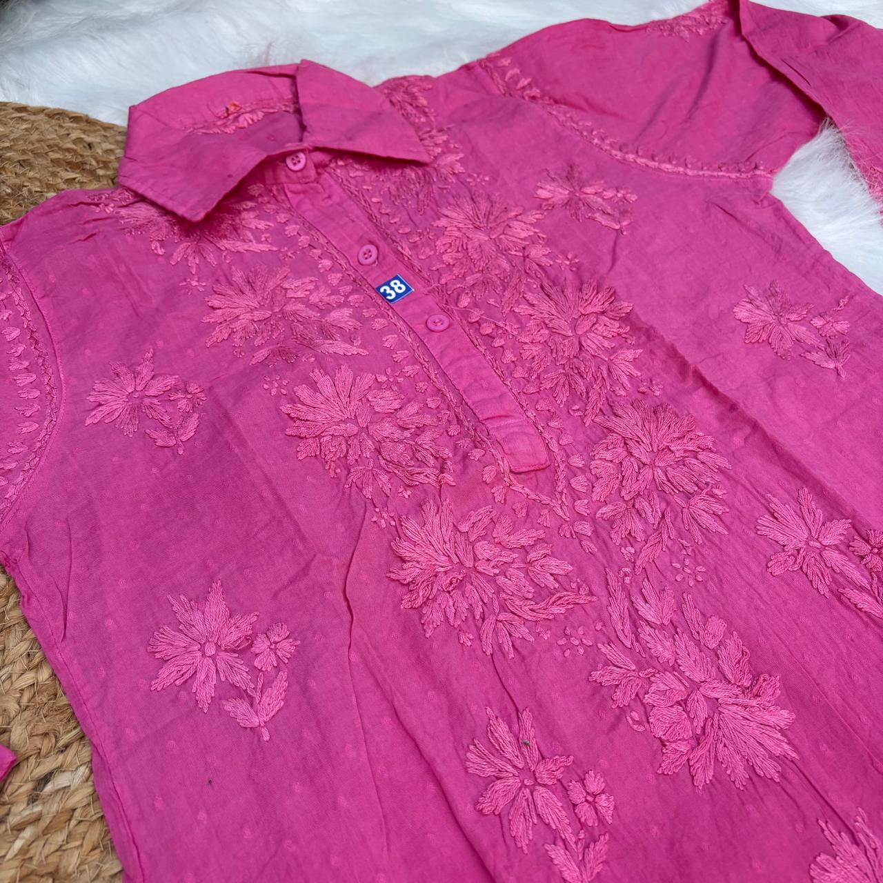 Sadia Dobby Cotton Ombre Shaded Chikankari Kurti with Collar - Pink Colour