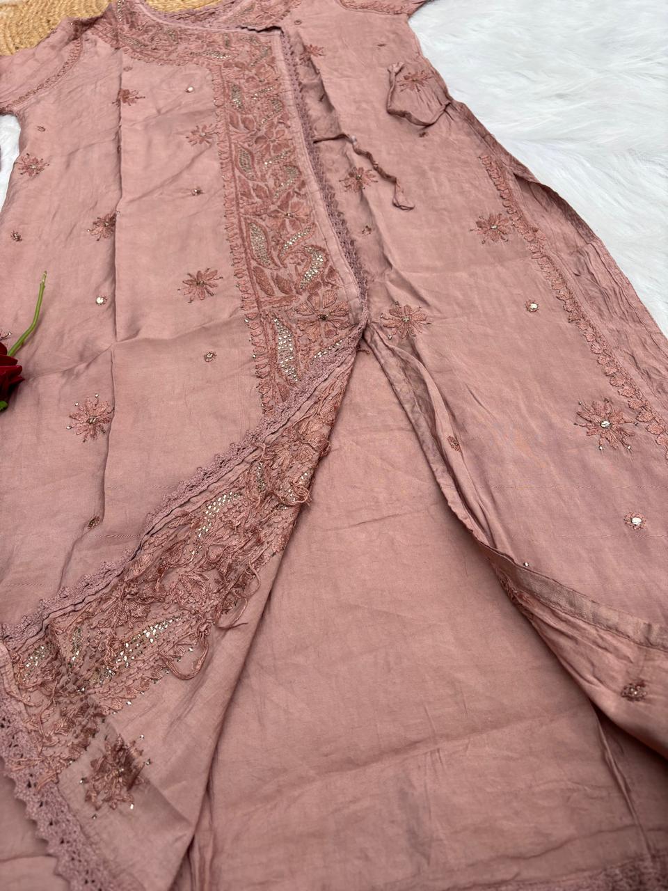 Naaz Chanderi Angrakha style Chikankari Kurti with Mukaish work - Brown Colour