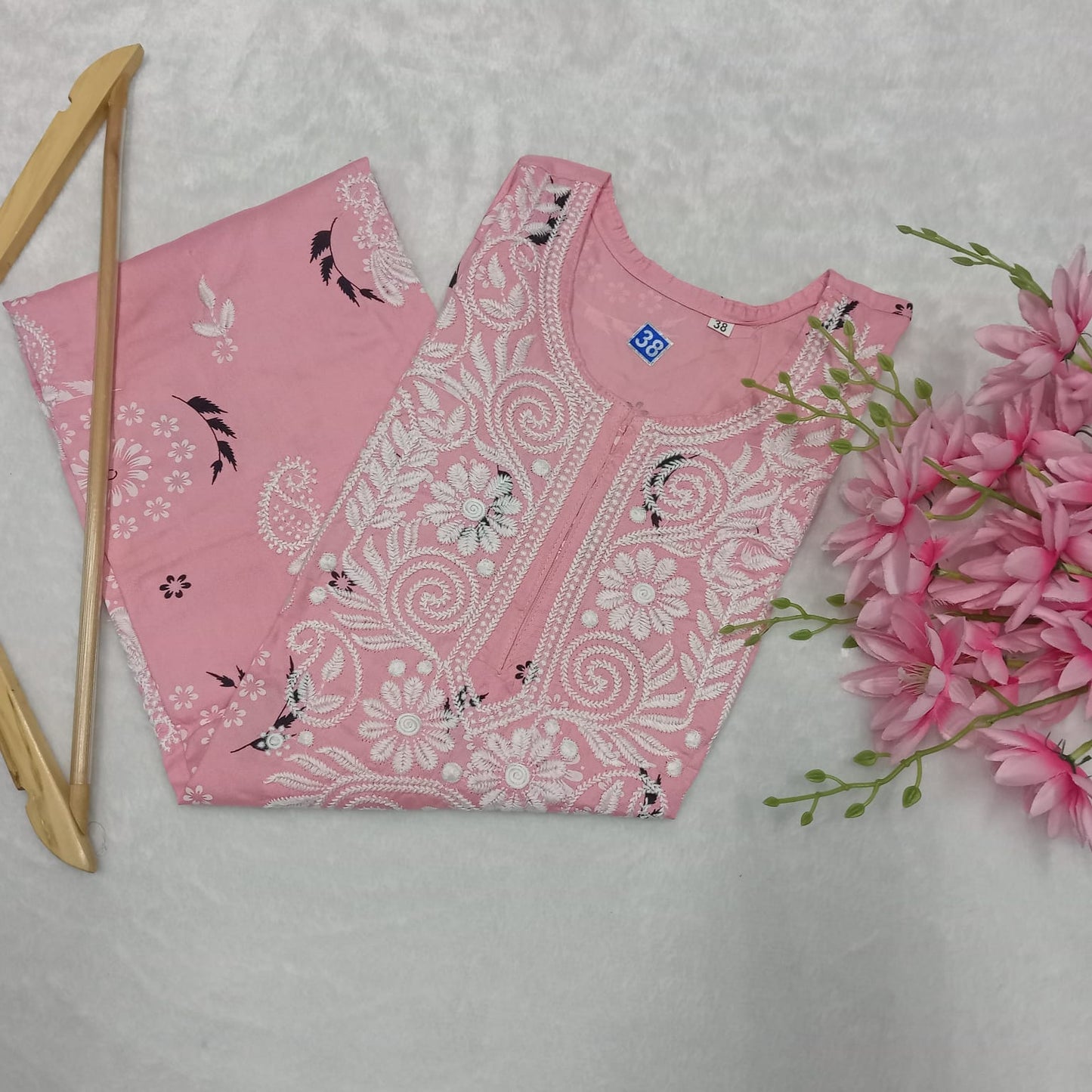 Rayon Chikankari Machine Work Kurti -Rose Pink Colour - Chikankaar