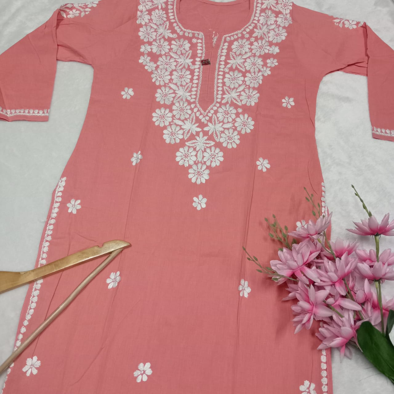 Pure Cotton Chikankari Handwork Kurti - Peach Colour - Chikankaar