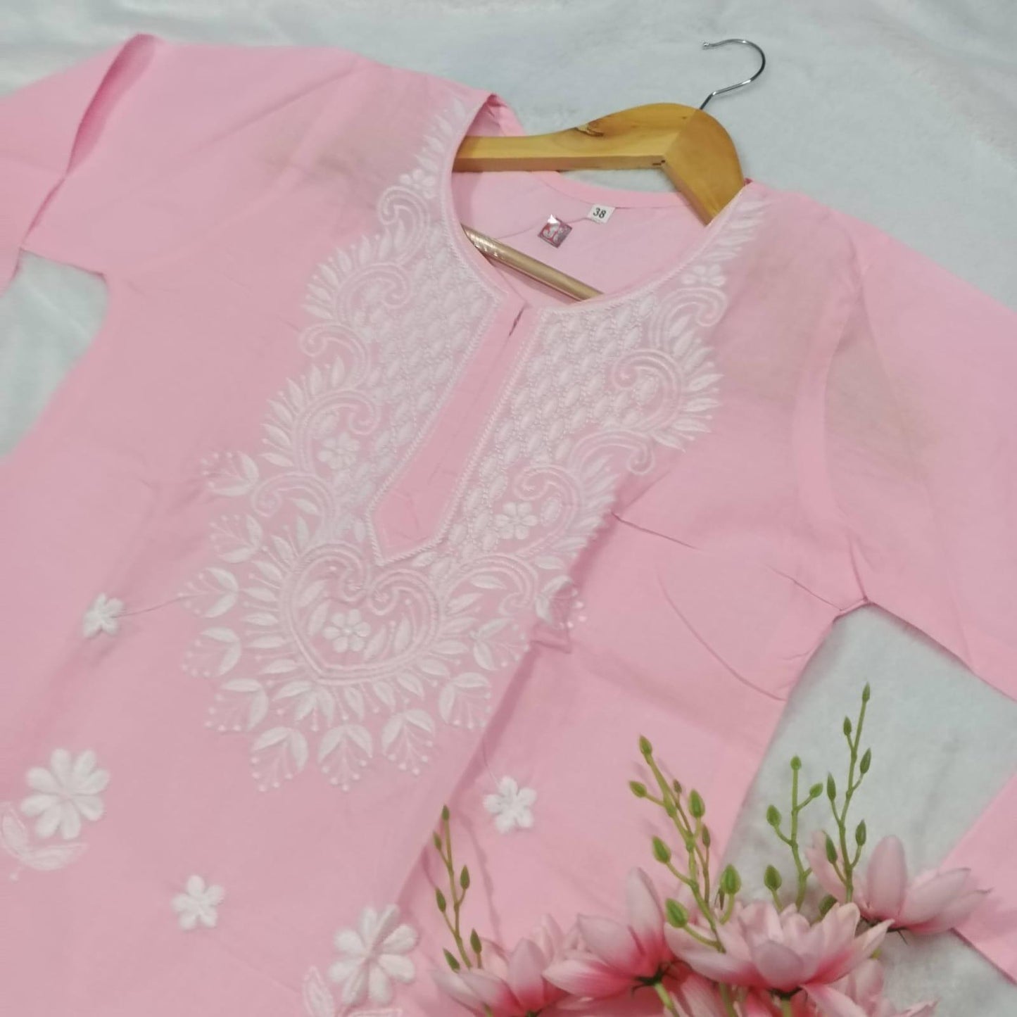 COTTON MACHINE WORK CHIKANKARI KURTI - BABY PINK COLOUR - Chikankaar
