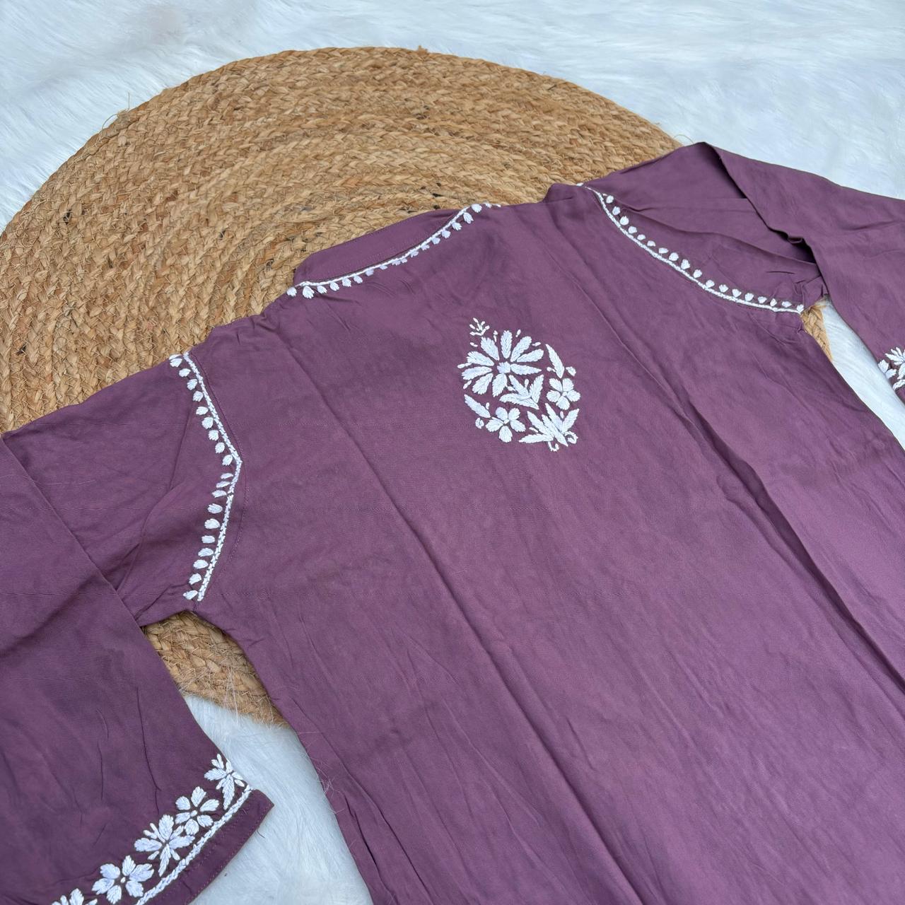 Rihana Rayon Chikankari Short Kurti Plazo Coord Set - Mauve colour - Chikankaar