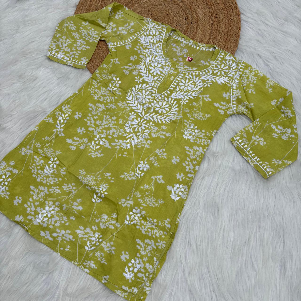 Malika Pure Mulmul Cotton Short Kurti - Green Colour