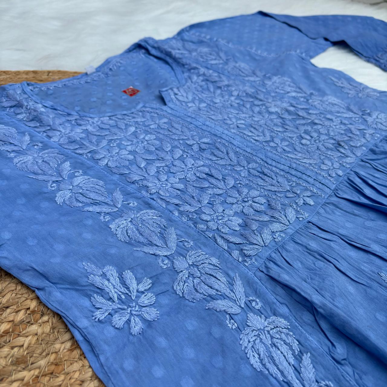 Aliya Dobby Cotton Nyra Cut Chikankari Aline Kurti - Ocean Blue - Chikankaar