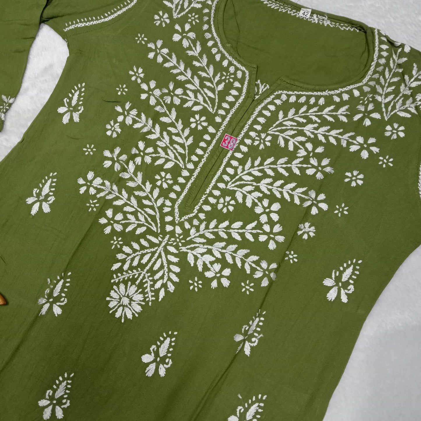 Soft Rayon Chikankari Ghaspatti Work Kurti Dark Green -Colour - Chikankaar