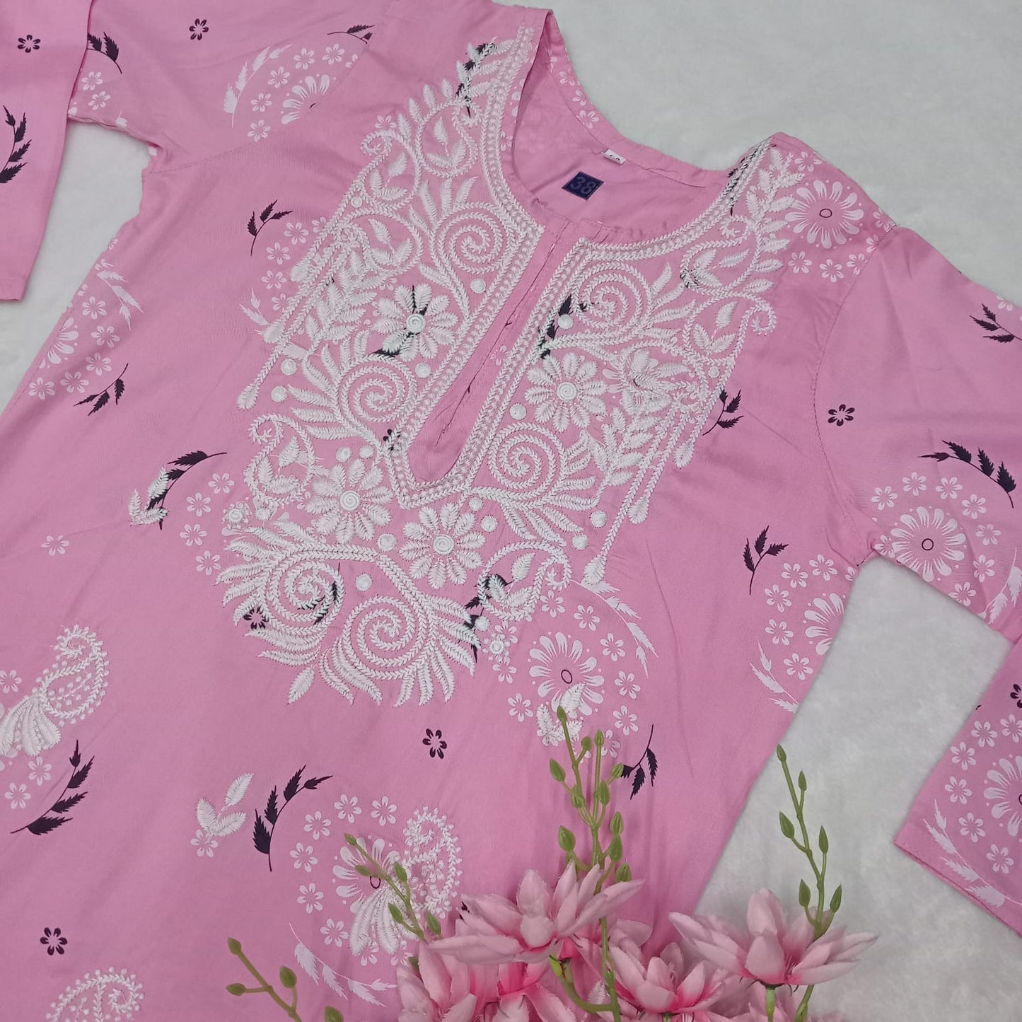 Rayon Chikankari Machine Work Kurti -Pink Colour - Chikankaar
