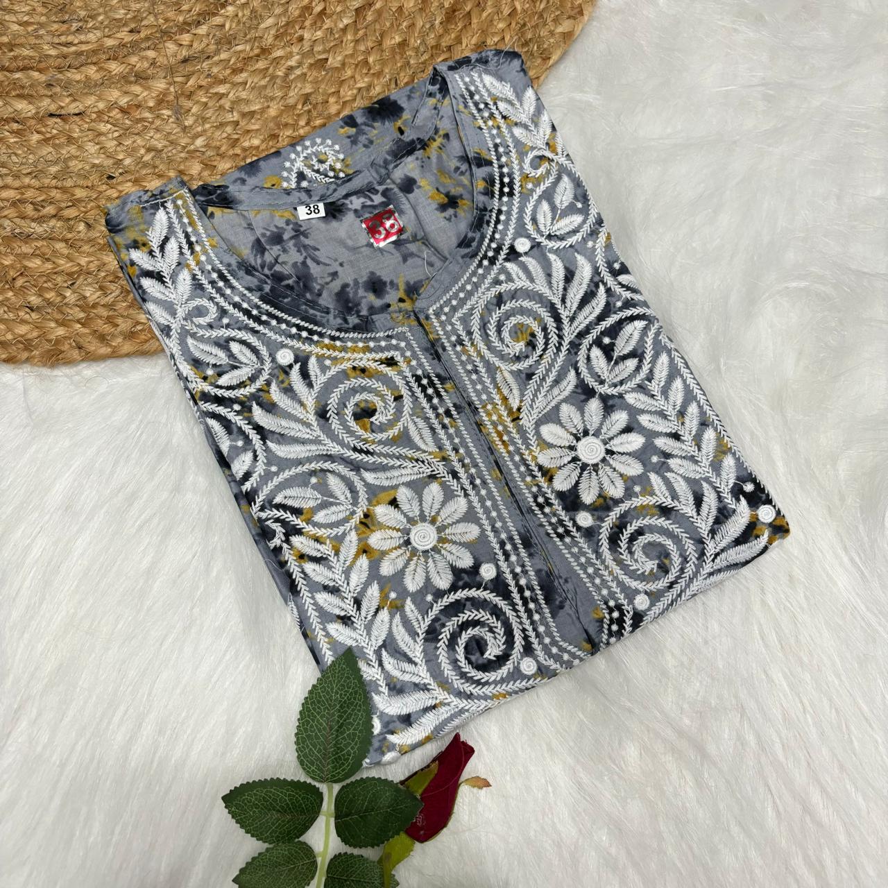 Mulmul Cotton Chikankari Machine Work Kurti - Grey Colour - Chikankaar