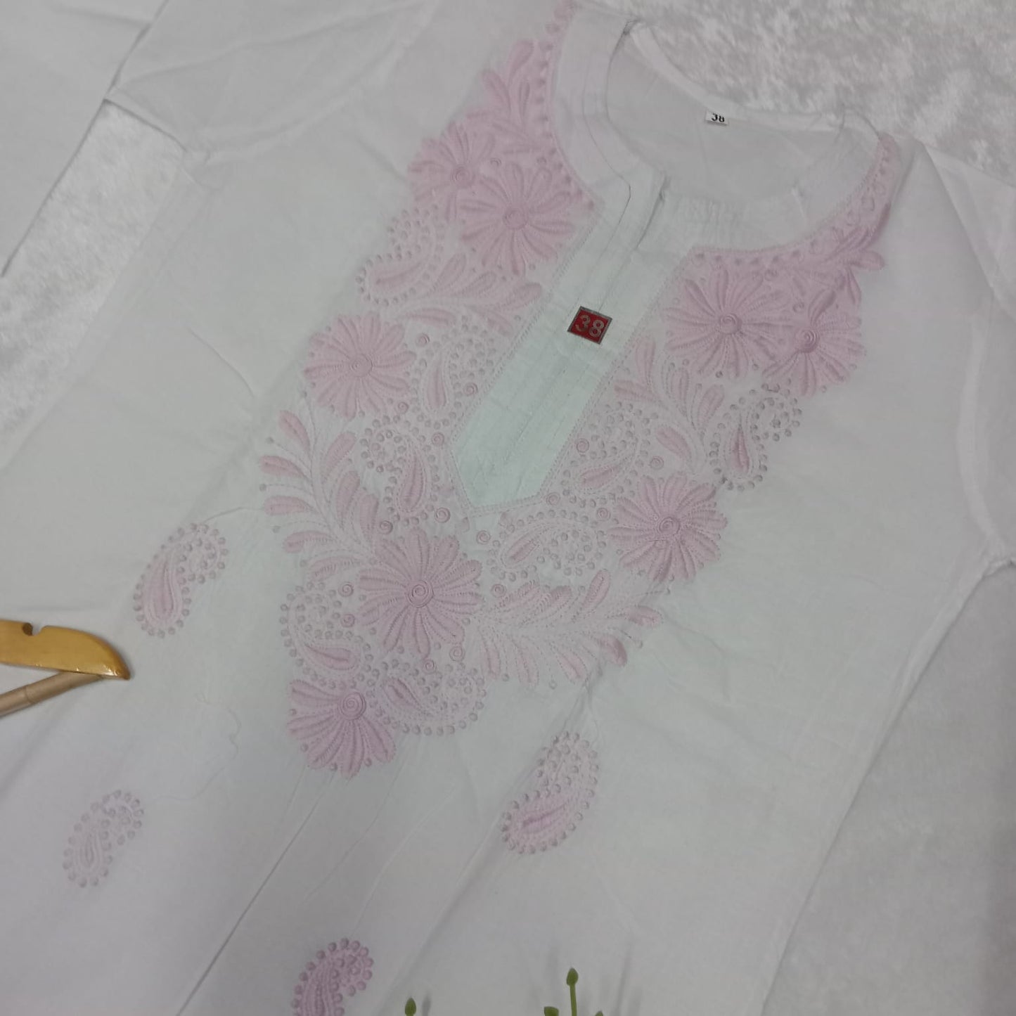 Pure Cotton Chikankari Machine Work Kurti - White Pink Color - Chikankaar