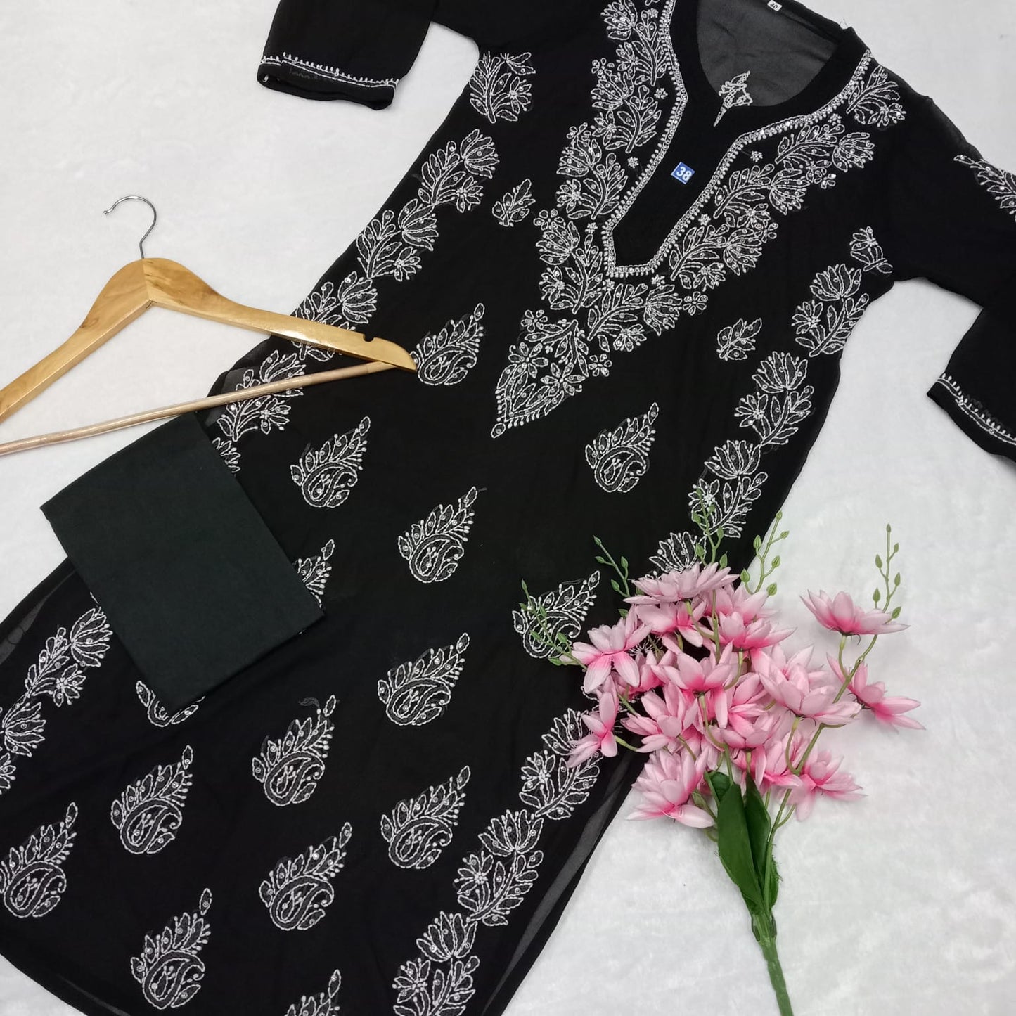 Stone Work Georgette Chikankari Kurti -Black Colour - Chikankaar