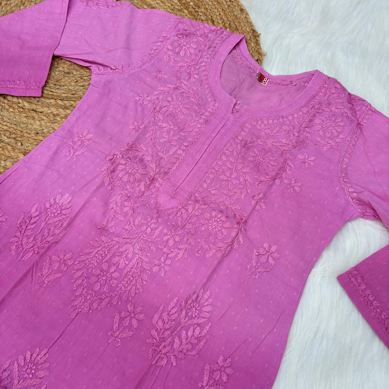 Tuba Ombre Shaded Dobby Cotton Chikankari Kurti - Fuchsia Colour - Chikankaar