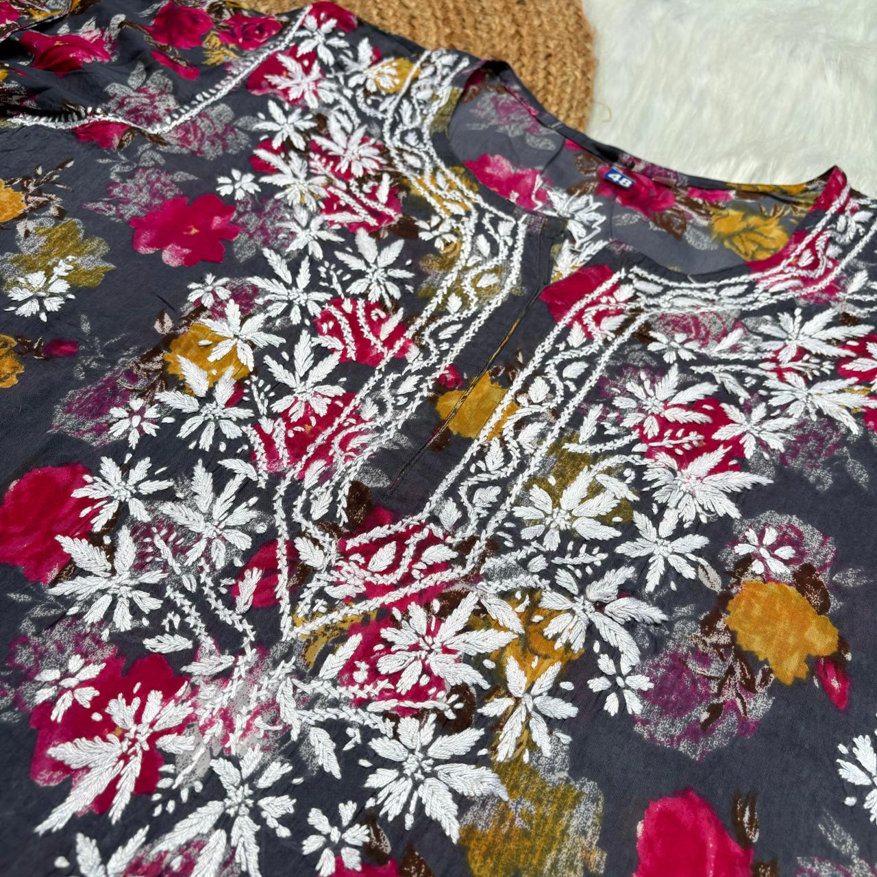 Plus size special-Dhanashree Inspired Mulmul Floral Printed Chikankari Handwork Kurti- Grey Colour - Chikankaar