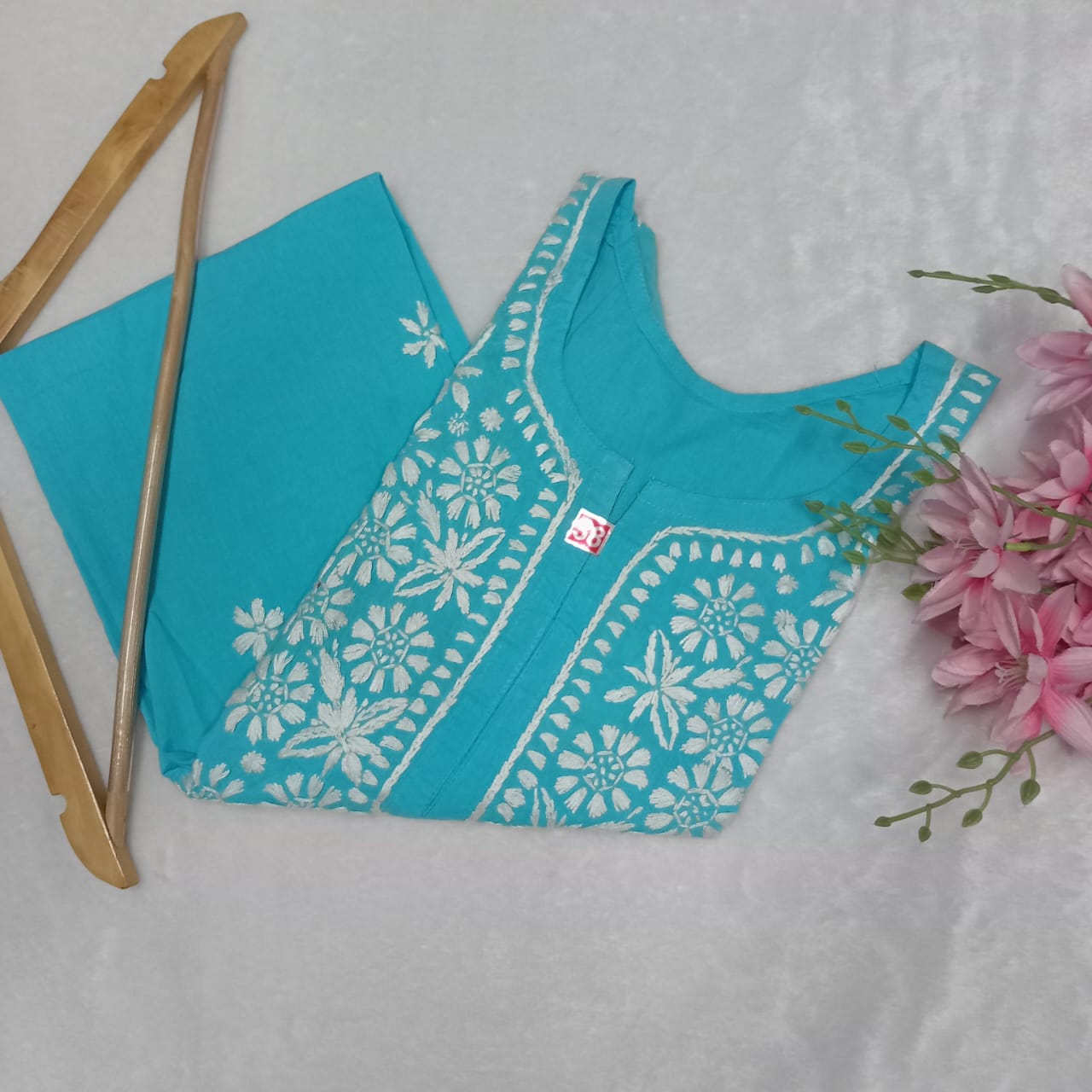 Pure Cotton Chikankari Handwork Kurti - Sky Blue Colour - Chikankaar