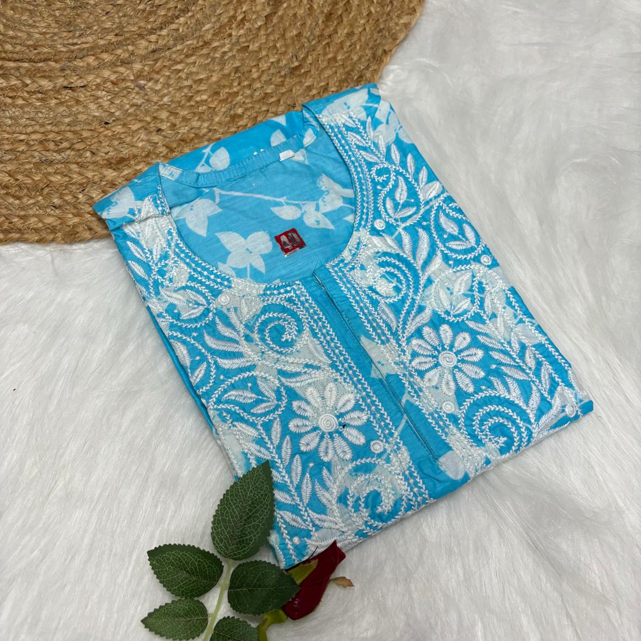 Mulmul Cotton Chikankari Machine Work Kurti - Sky Blue Colour - Chikankaar