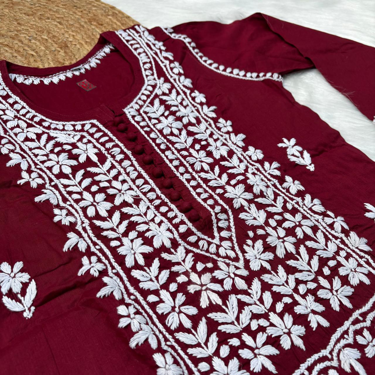 Shanaya Pure Cotton Chikankari Kurti Maroon Colour