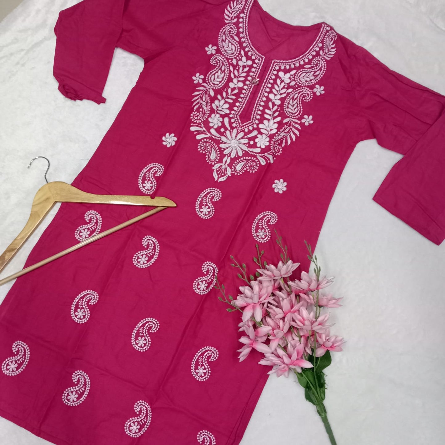 Cotton Machine Work Chikankari Kurti - Rani Colour - Chikankaar