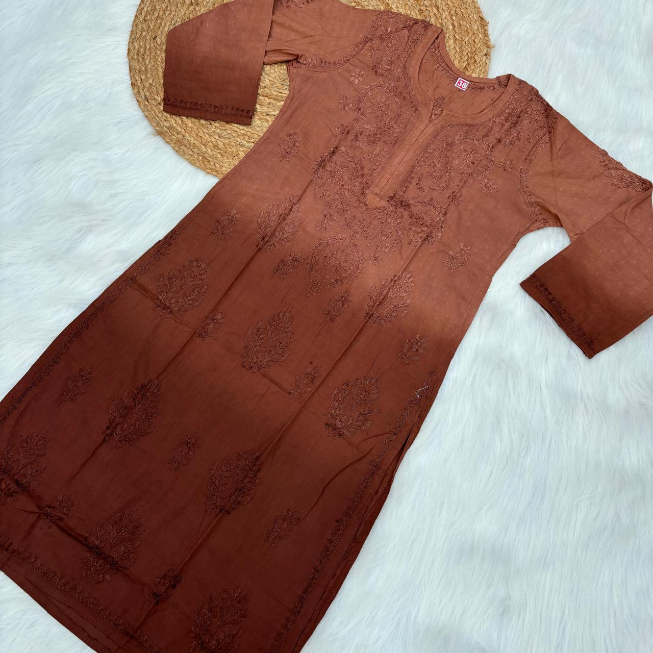Tuba Ombre Shaded Dobby Cotton Chikankari Kurti - Brown Colour - Chikankaar