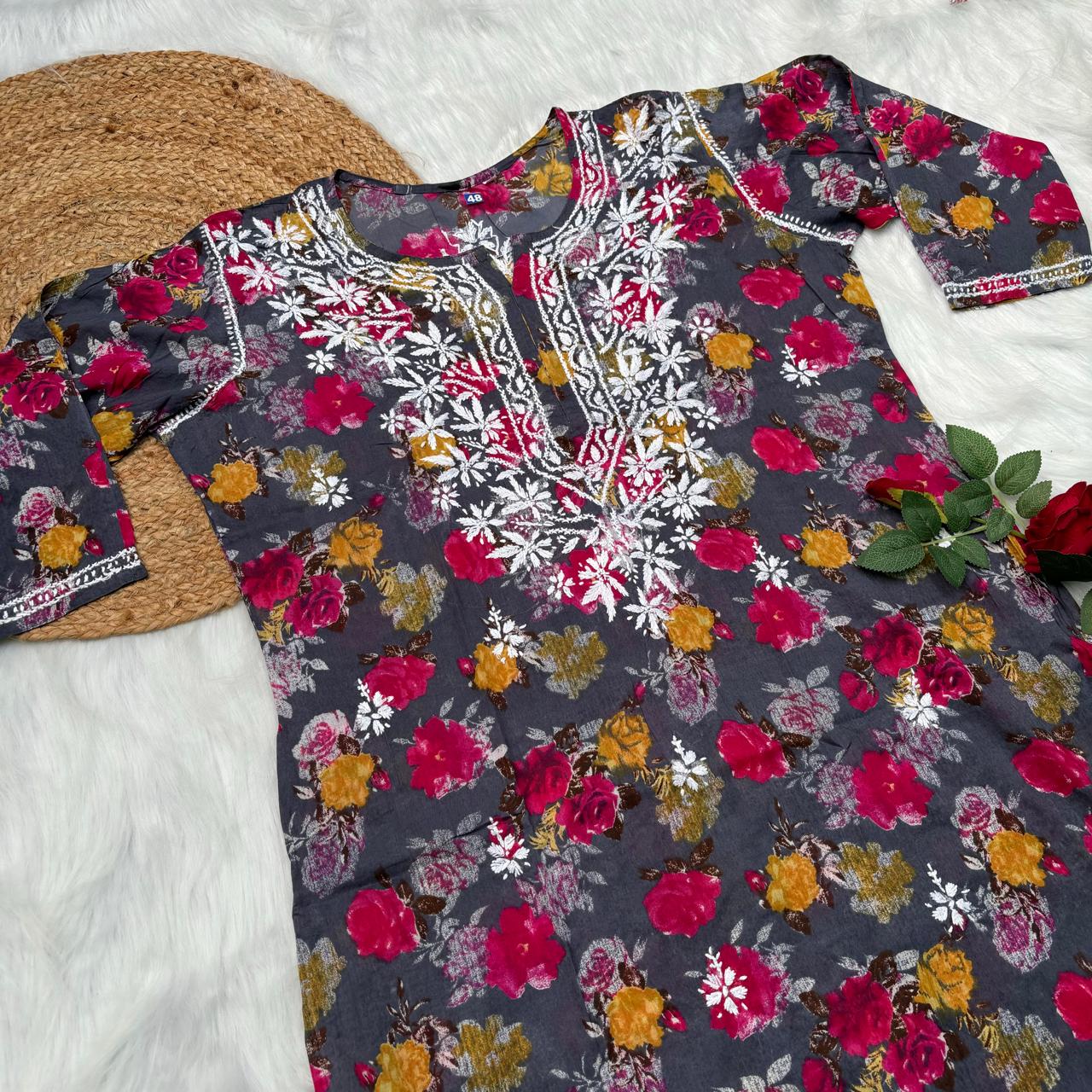 Plus size special-Dhanashree Inspired Mulmul Floral Printed Chikankari Handwork Kurti- Grey Colour - Chikankaar