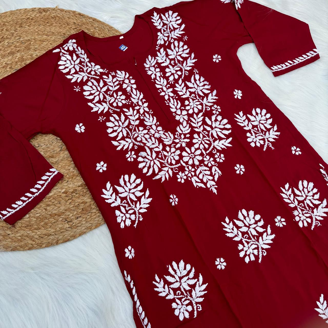 Jannat Soft Rayon Chikankari Kurti Plazo Set - Maroon colour - Chikankaar