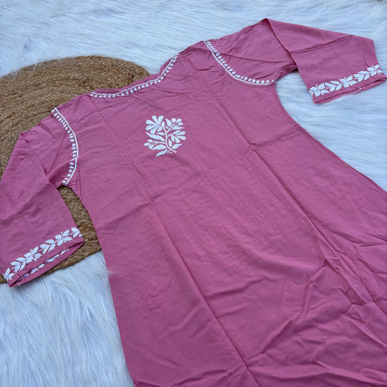 Soft Rayon Chikankari Kurti - Blush Colour