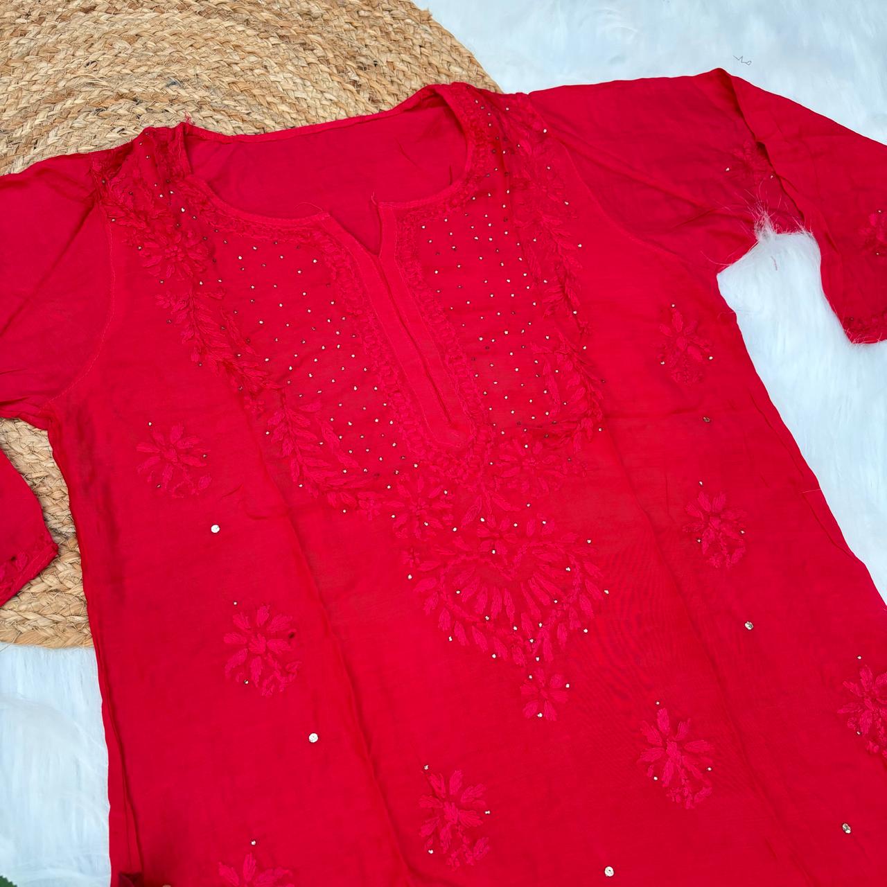 Rakul Preet Inspired Chikankari Muslin Kurti with Mukaish Work - Red Colour - Chikankaar