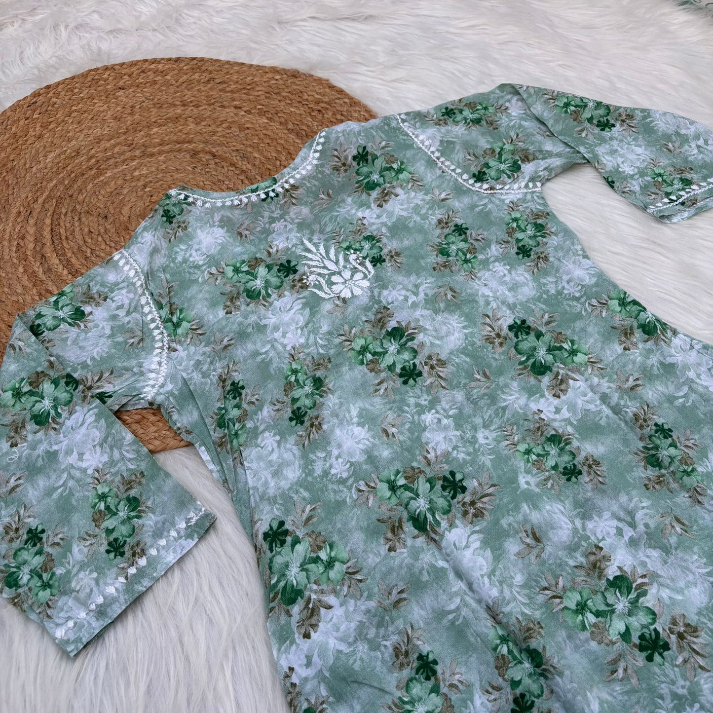 Fawziya Pure Mulmul Chikankari Handwork Kurti - Dark Green Colour