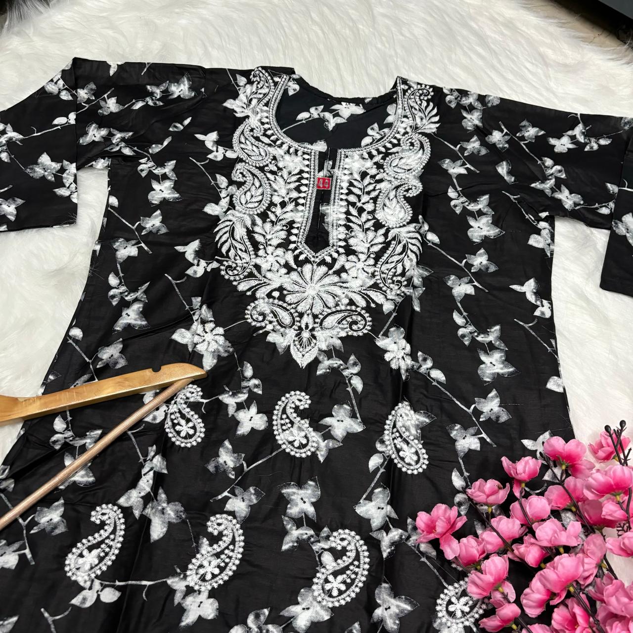 Mulmul Cotton Chikankari Machine Work Kurti -Black Colour - Chikankaar