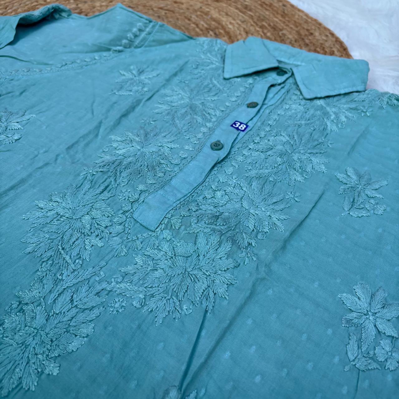 Sadia Dobby Cotton Ombre Shaded Chikankari Kurti with Collar - Rama Green Colour