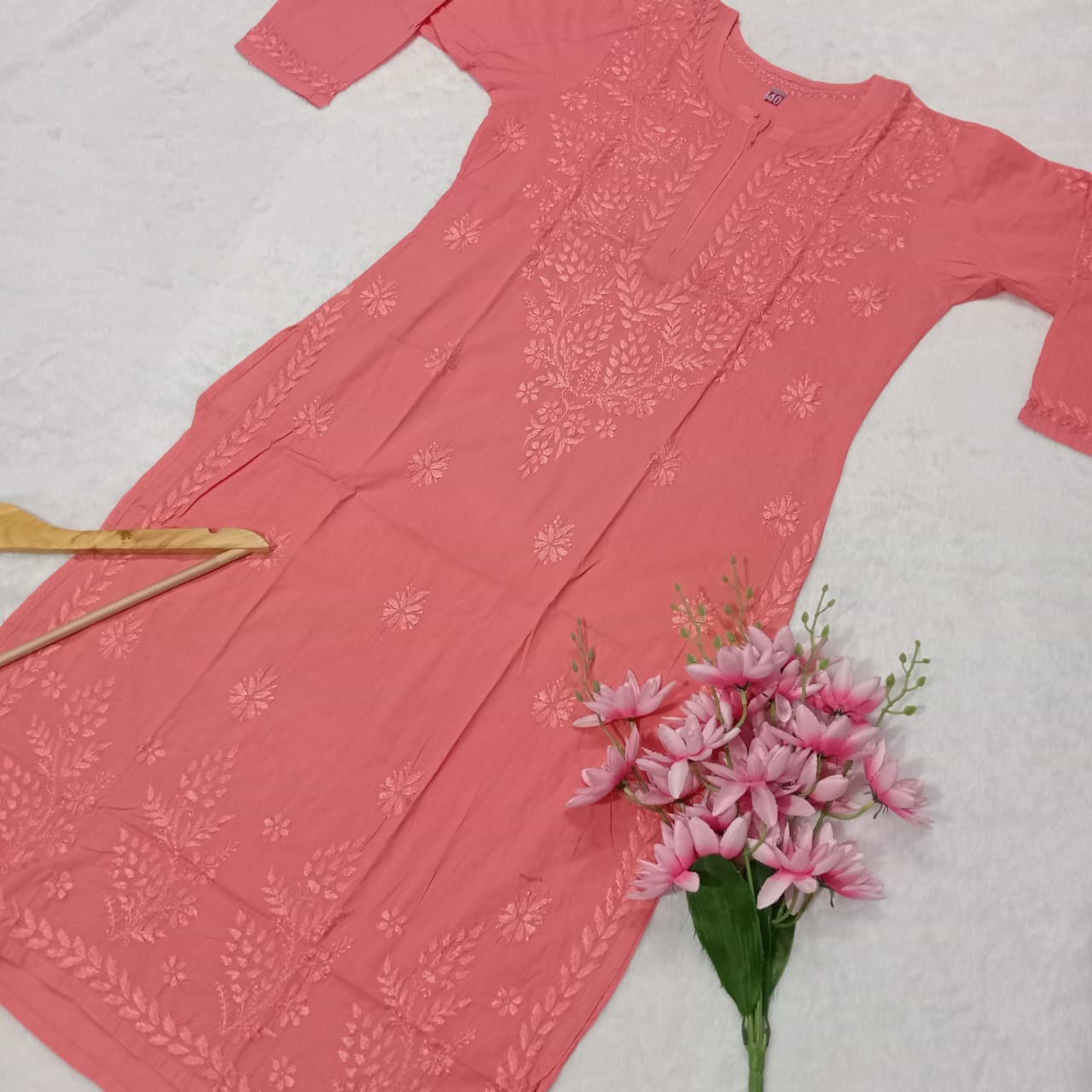 EXCLUSIVE PURE COTTON CHIKANKARI DYED KURTI -LIGHT GAZRI - Chikankaar
